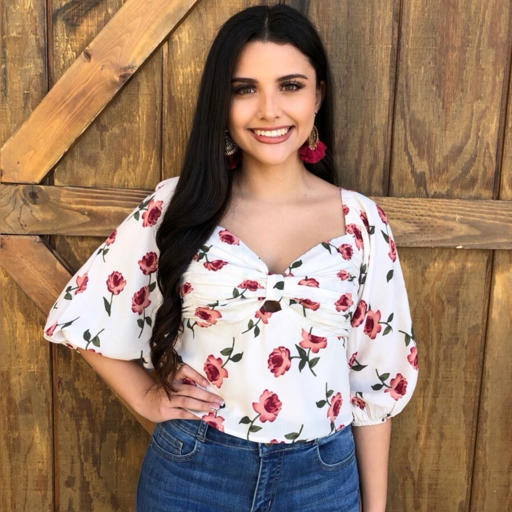 Revolve Audrey 3+1 Floral Cropped Blouse Sweetheart Neckline Cottagecore M NEW